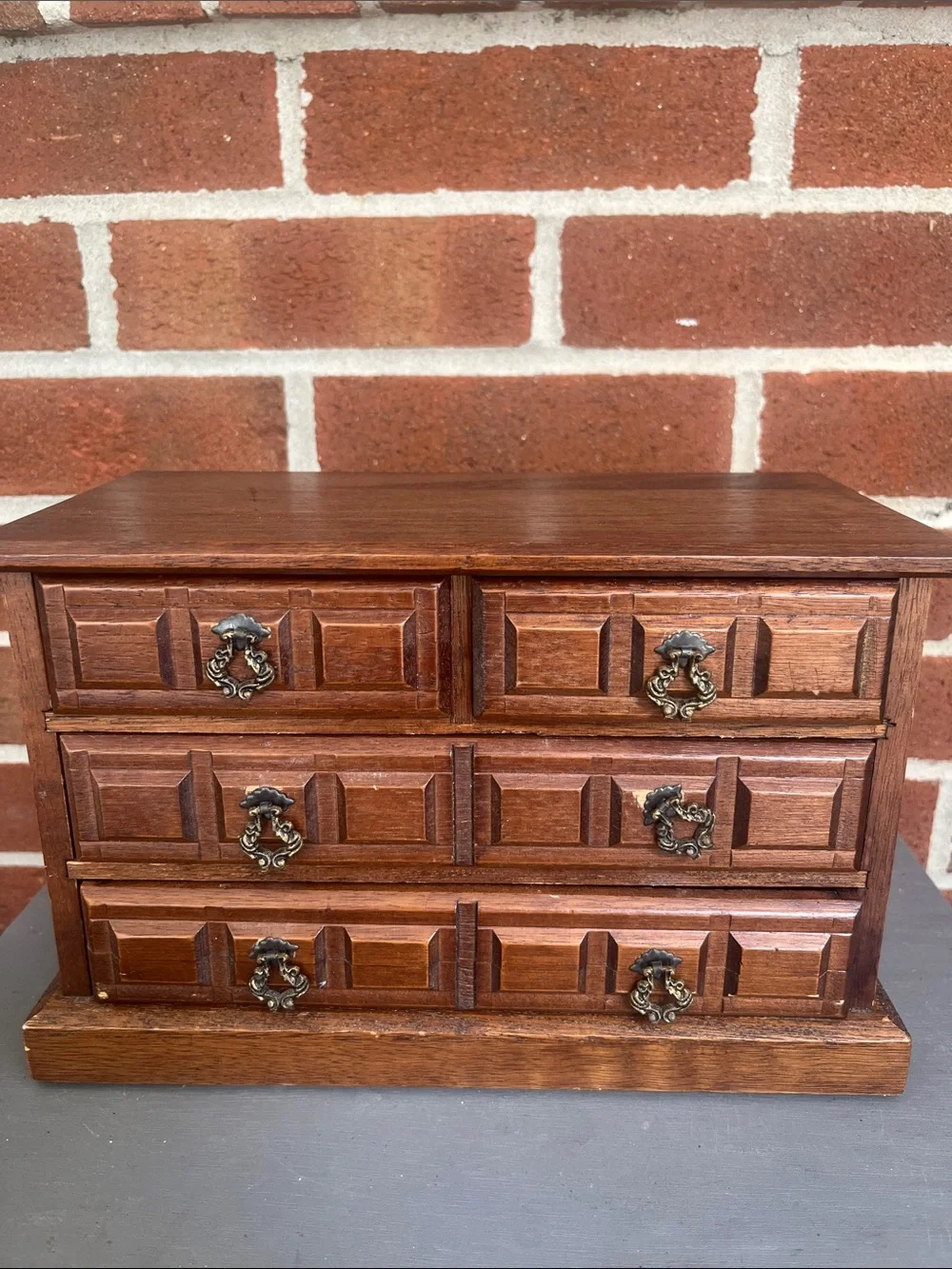 Vintage Wooden Jewelry Box with Music 4 Lined Drawers Table Top Chest Style